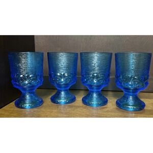 4 Brockway Glass Wine Goblets Monterey Blue Textured Footed Vintage 8 oz